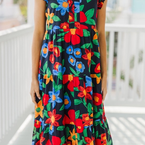 Boutique Entro Tropical Red and Green Floral Midi Dress - Picture 8 of 10